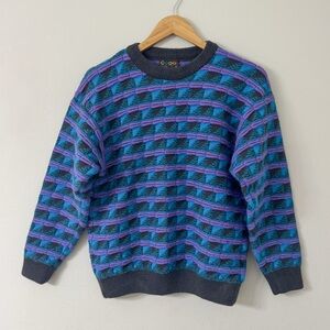 Vintage Coogi Australia Pure Wool 3D Knit Sweater Medium – Blue Purple Geometric